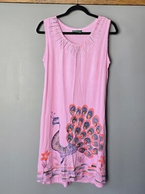 Pink Peacock-Print Sleeveless Dress- Free Size. Est Med. Measurements In Desc.